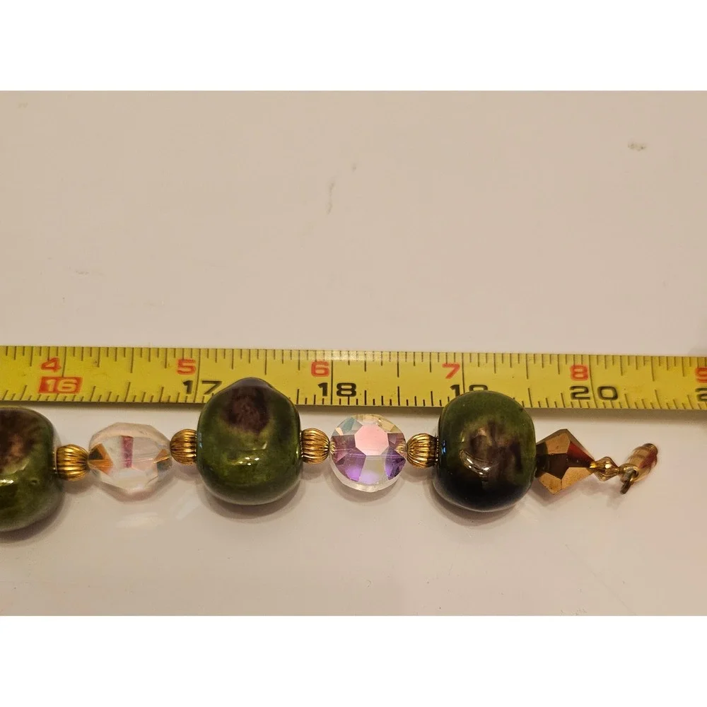 Vintage Green Ceramic & Aurora Borealis Crystal Necklace Bracelet Jewelry Set